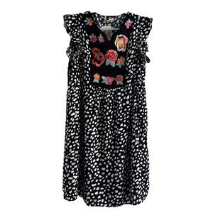 Kirundo Leopard Embroidered Floral V-Neck Flowy NWT Babydoll Dress Womens Med